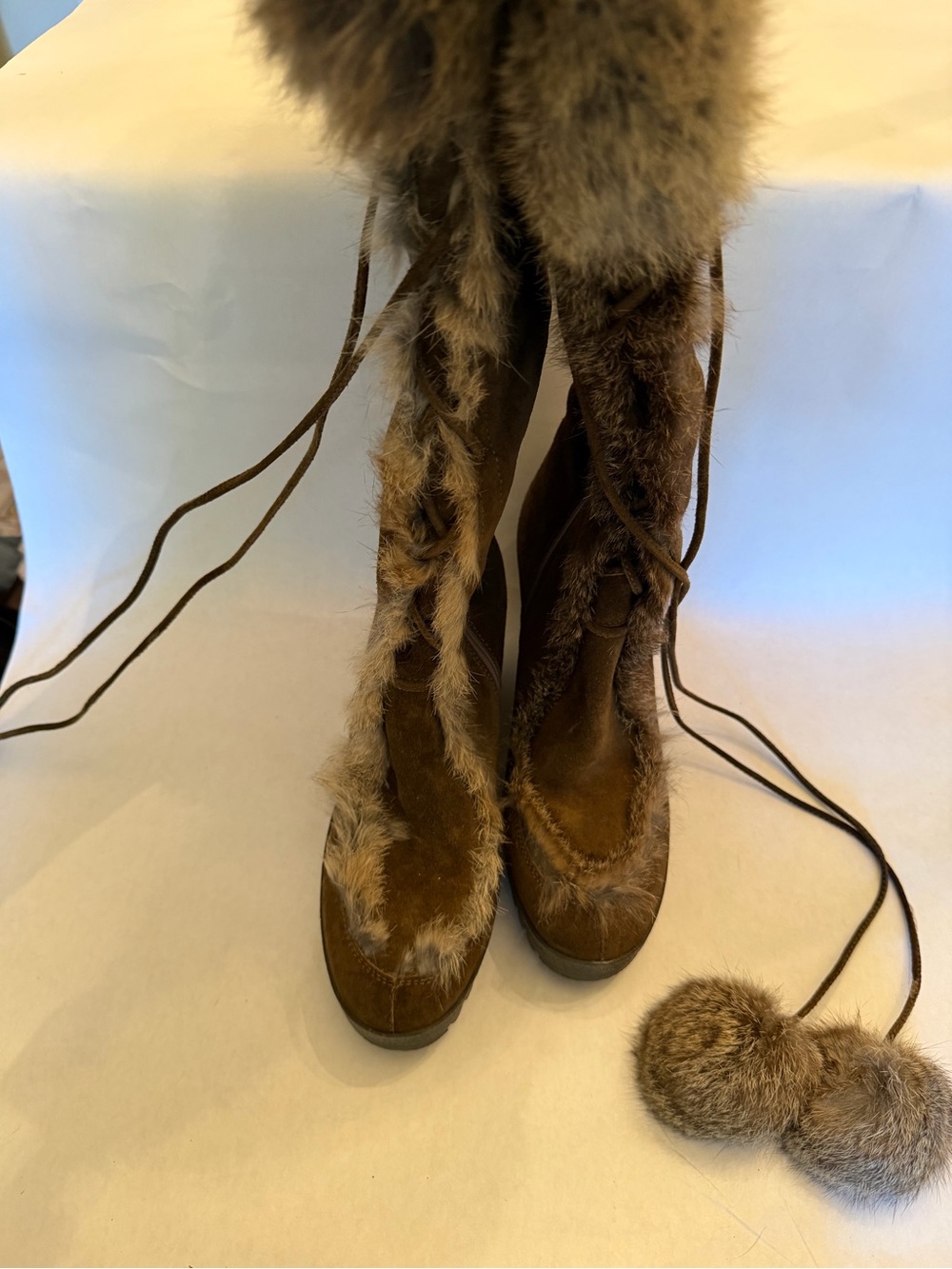 Coach Brown Faux Fur Knee-High Lace-Up Boots with Pom Poms